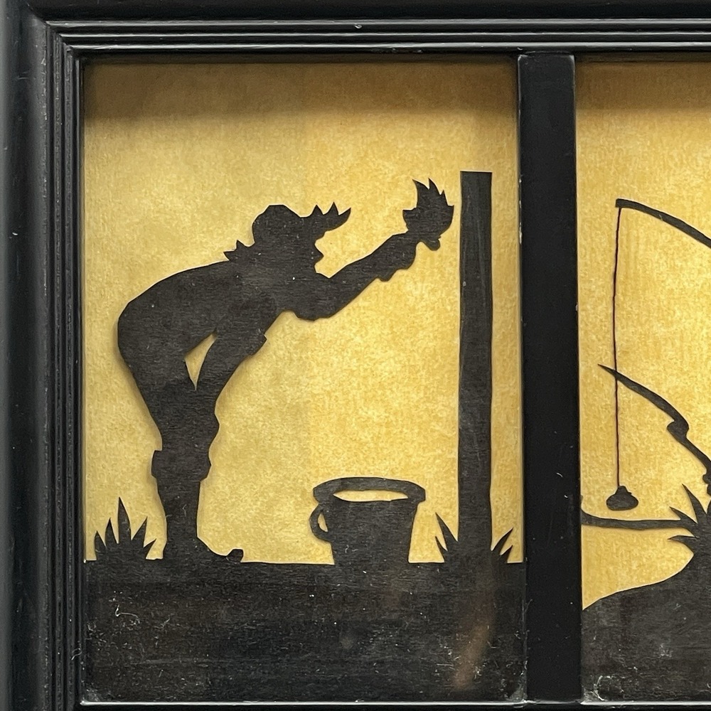 Vintage Silhouette Wall Art Framed Shadowbox Fishing Boy‎ Country Cottage Decor - Picture 2 of 7